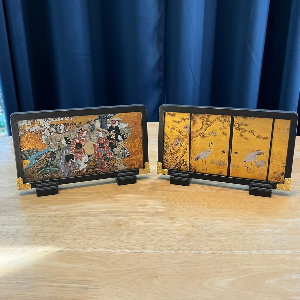 Pair of Vintage Mid-Century Japanese Tabletop Miniature Screens With Stands